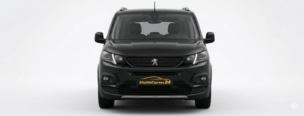 Schwarzer Kleinwagen mit markantem Frontdesign und Peugeot-Logo.
