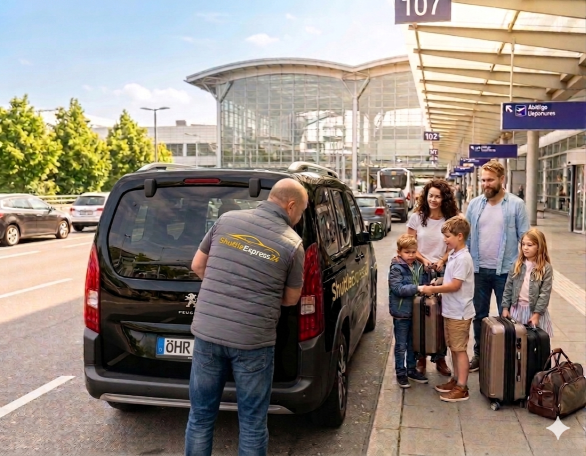 Familie mit Gepäck wartet vor einem Auto am Flughafen. Ein Mann hilft ihnen.