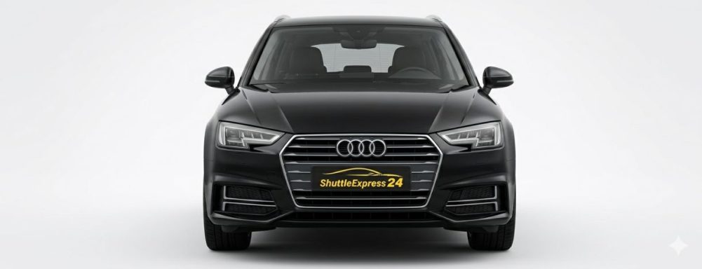 Schwarzer Audi Q5, frontalansicht auf weißem Hintergrund.