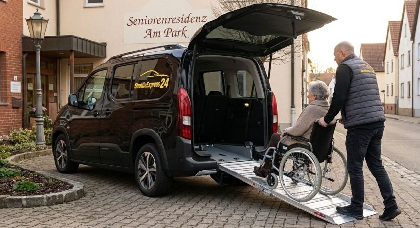 Eine Person mit Rollstuhl wird von einem Mann in ein barrierefreies Fahrzeug geschoben.